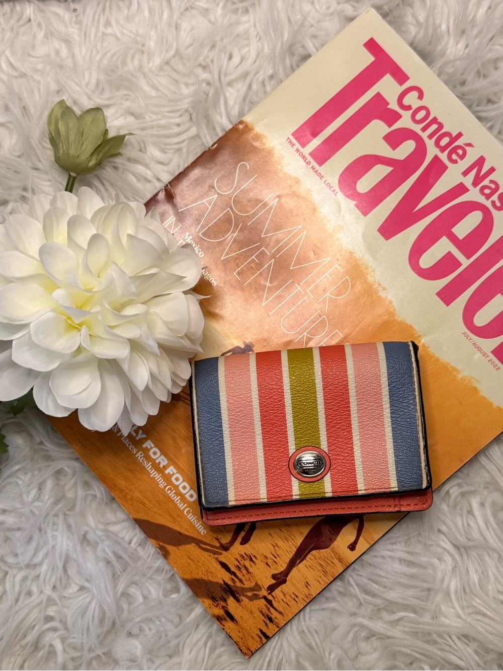 Vintage Short wallet-Coach Striped Compact Wallet - Pink, Coral, Blue & Olive - Picture 1 of 6